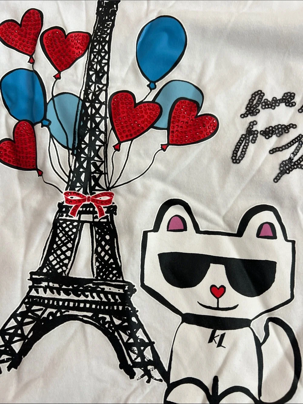 067.NEW Karl Lagerfeld  Cat Graphic Tee with Red & Blue Accents